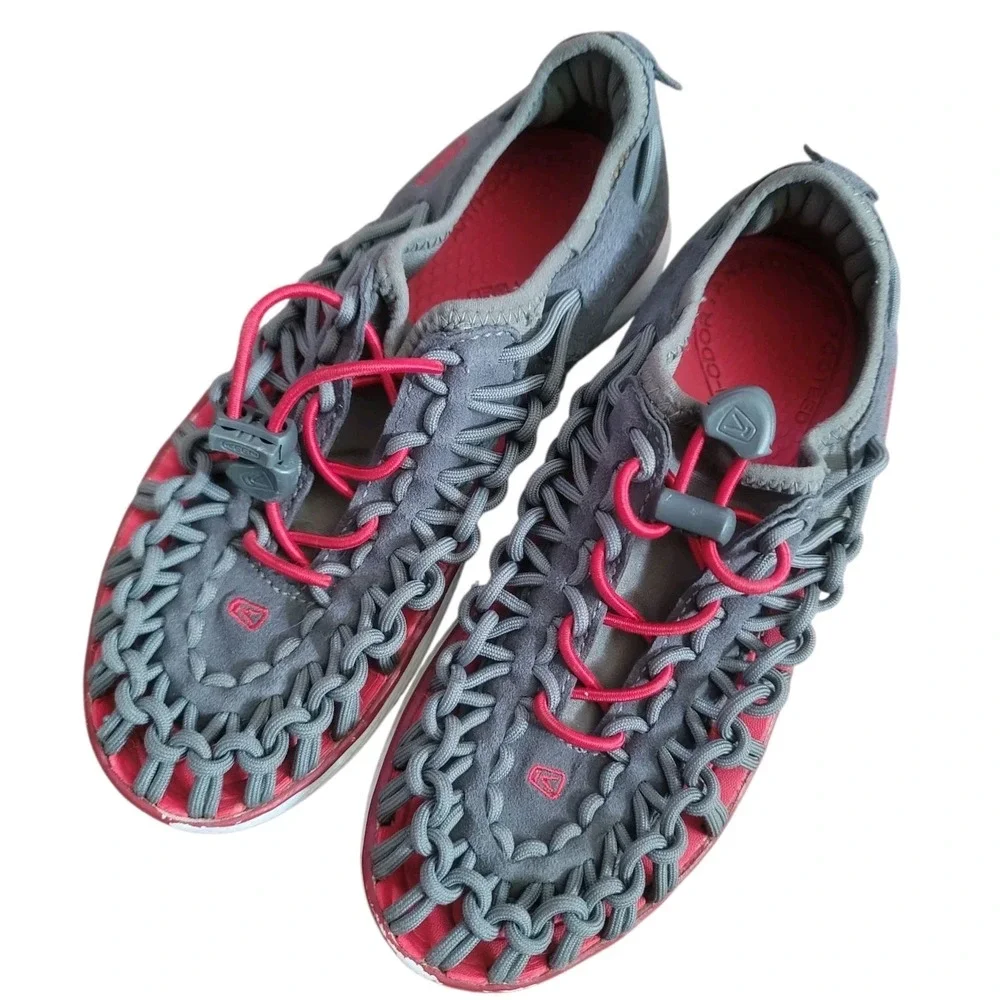 Keen Uneek O2 Kids Sz 3‎ Grey Red Braided Cord Lace Up Athletic Sandals Shoes